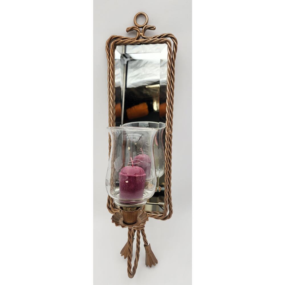Antique Gold Wall Mirror Candle Holder – Etched Glass Hurricane w/ Purple Candle